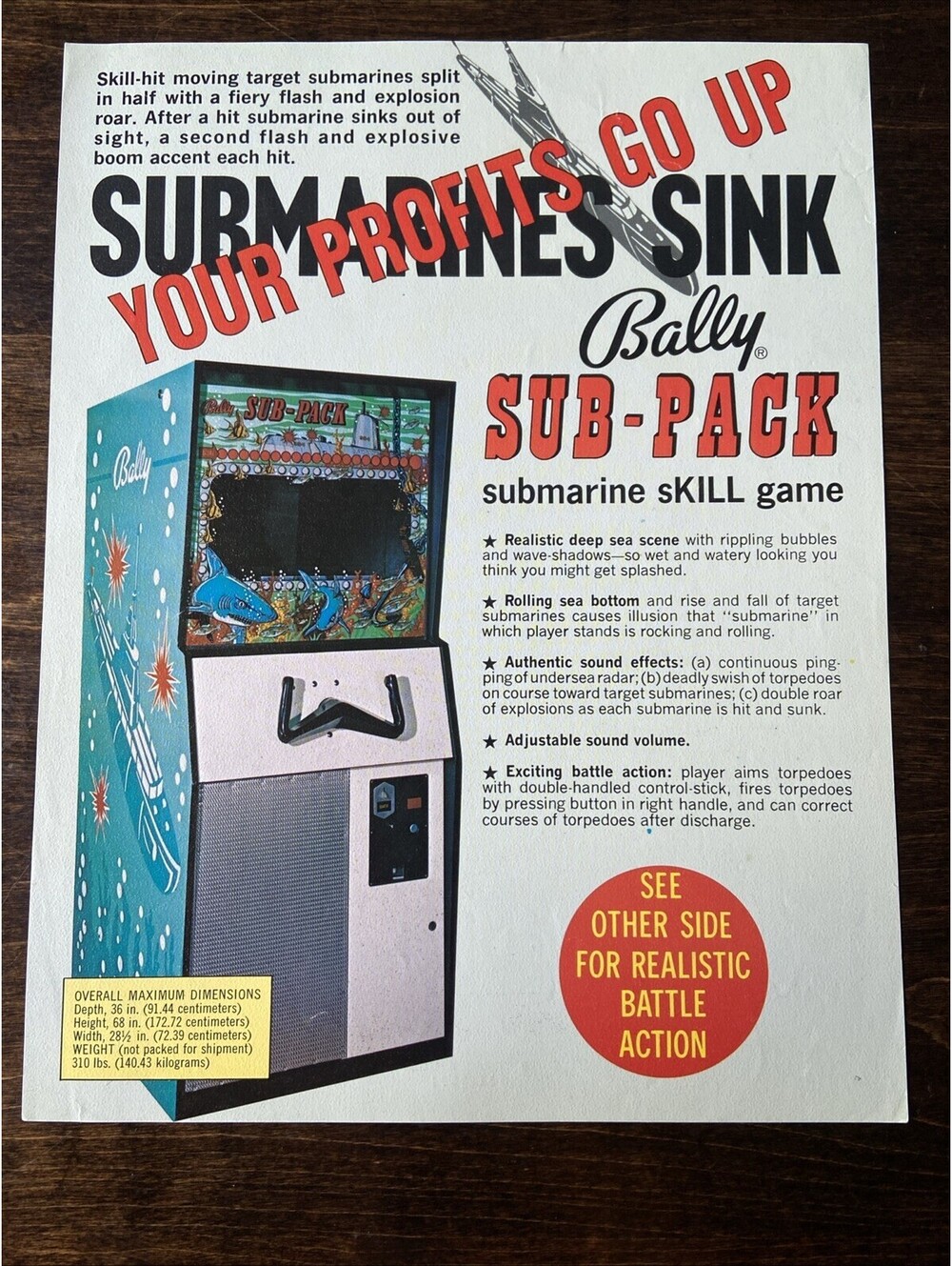 Bally Sub-Pack Arcade Pinball FLYER Original Ad Promo Poster Not PCB